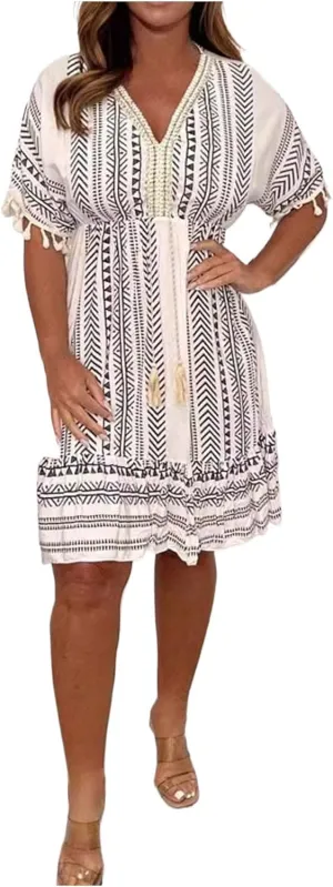 Boho Dress for Women Loose Fit Casual V Neck Tassels Short Sleeve Vintage Ethnic Style Knee Lenght Wrap Midi Dresses
