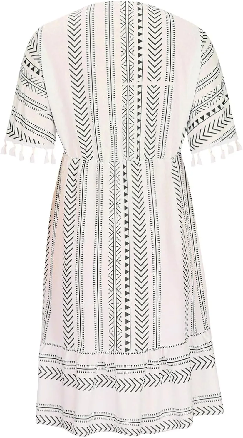 Boho Dress for Women Loose Fit Casual V Neck Tassels Short Sleeve Vintage Ethnic Style Knee Lenght Wrap Midi Dresses