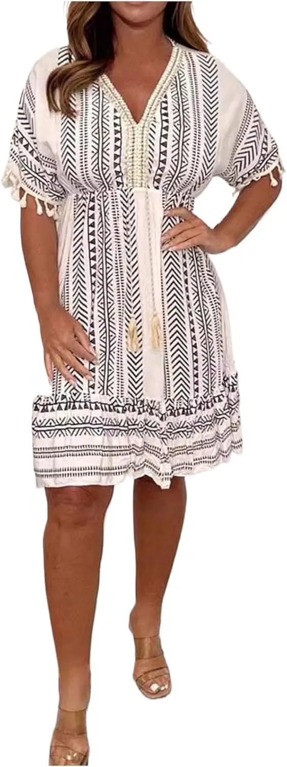 Boho Dress for Women Loose Fit Casual V Neck Tassels Short Sleeve Vintage Ethnic Style Knee Lenght Wrap Midi Dresses