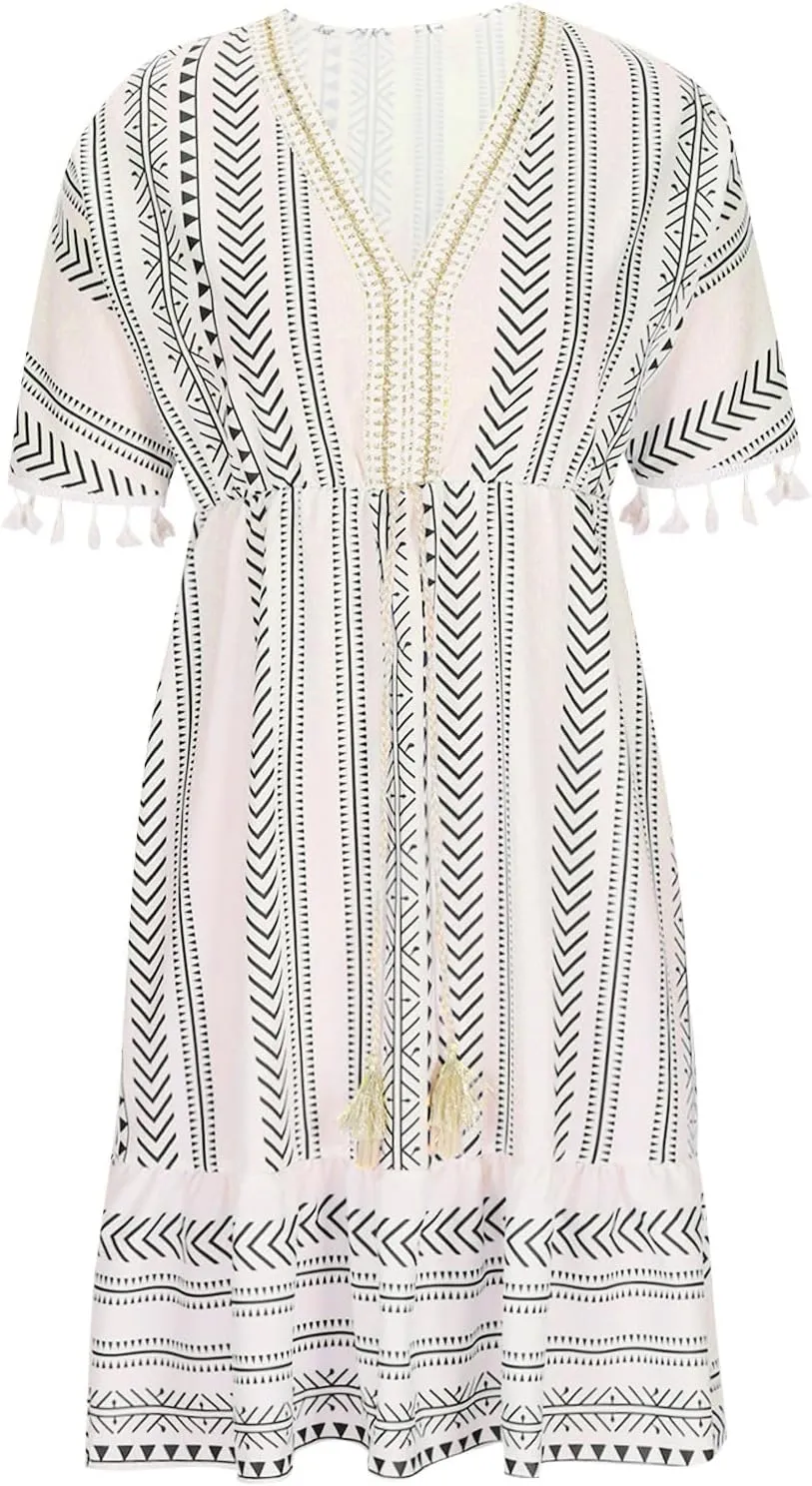 Boho Dress for Women Loose Fit Casual V Neck Tassels Short Sleeve Vintage Ethnic Style Knee Lenght Wrap Midi Dresses