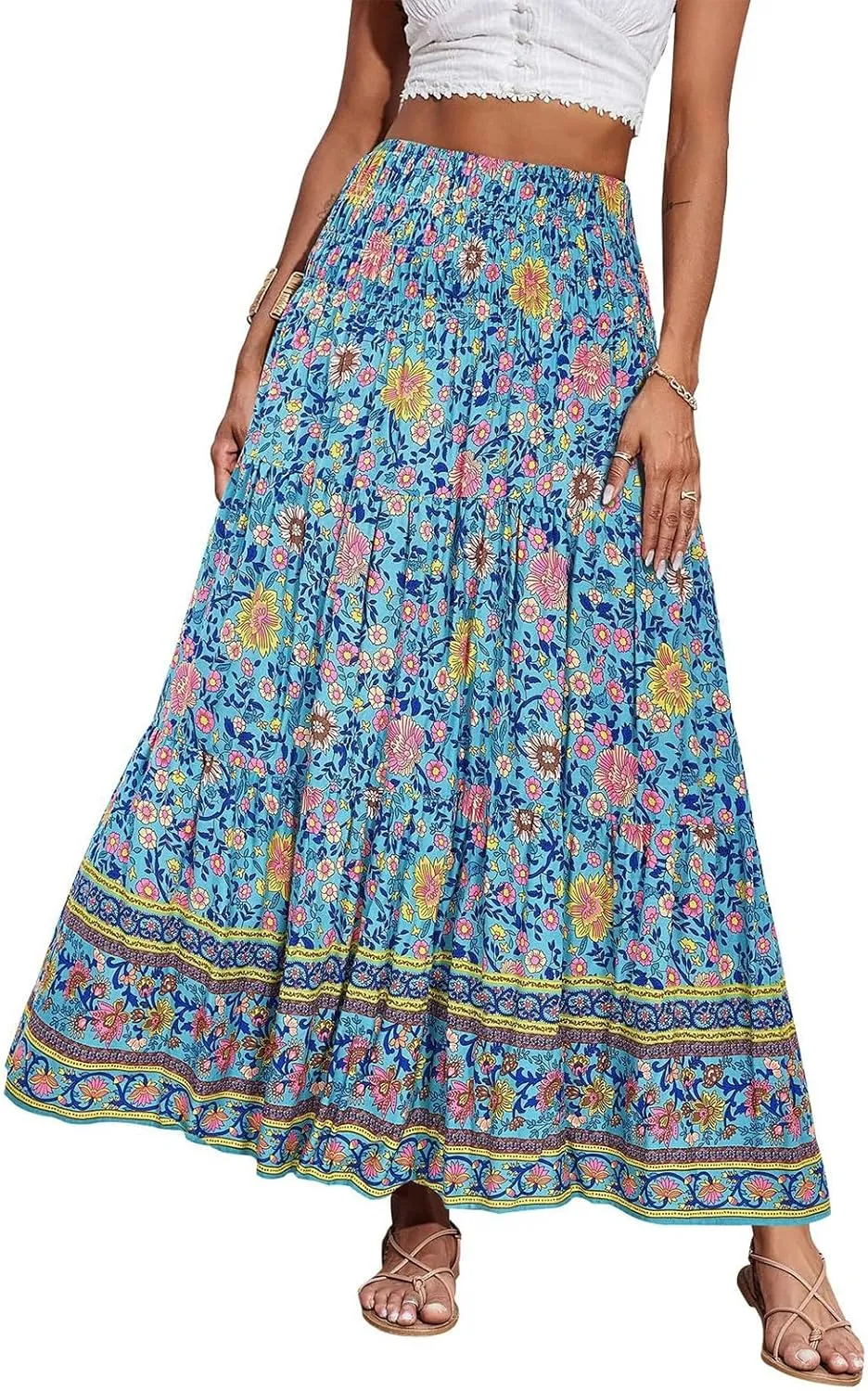 Boho Maxi Skirts for Women 2025 Floral Pleated High Waisted Long Flowy Skirt Elastic A Line Beach Vacation Summer Skirts