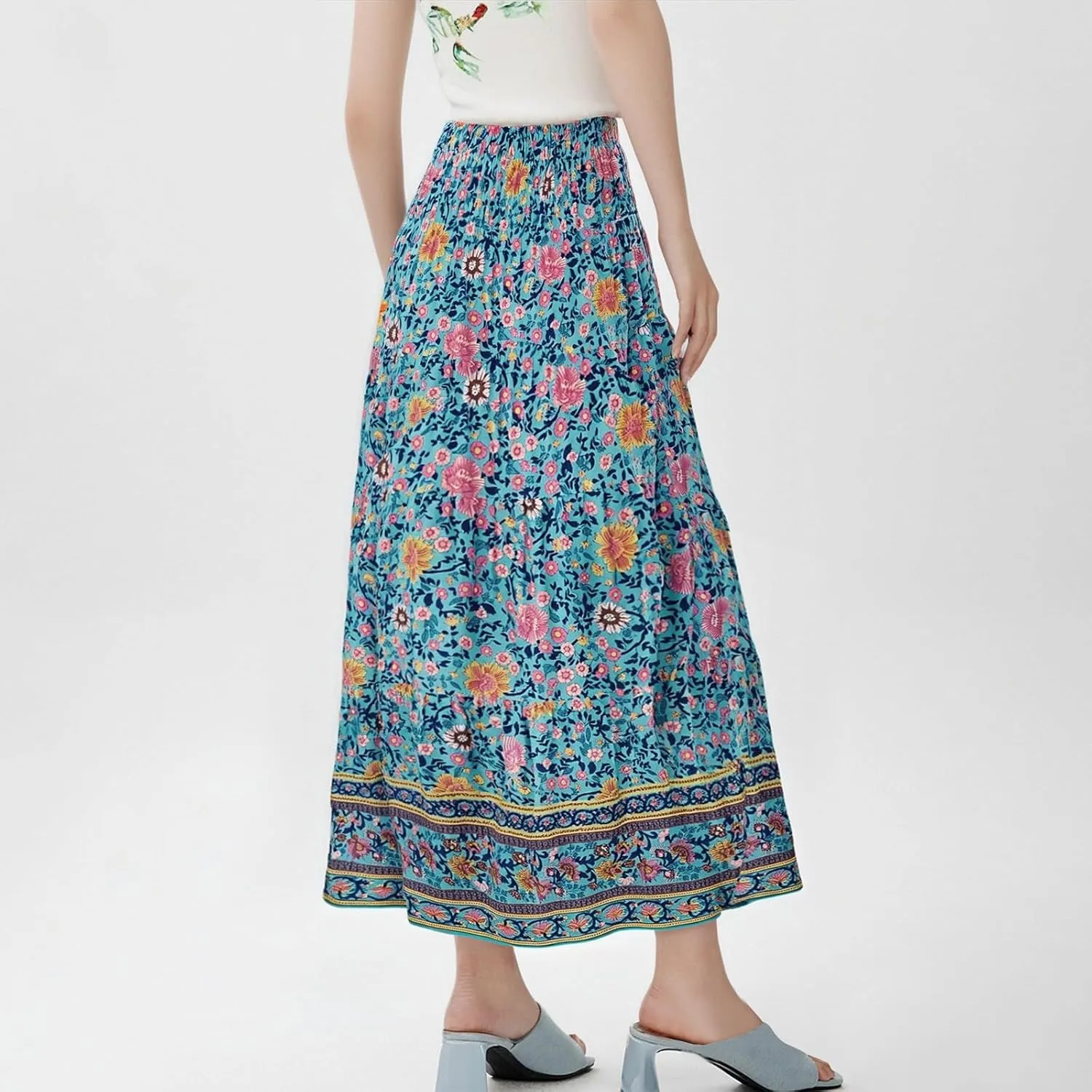 Boho Maxi Skirts for Women 2025 Floral Pleated High Waisted Long Flowy Skirt Elastic A Line Beach Vacation Summer Skirts