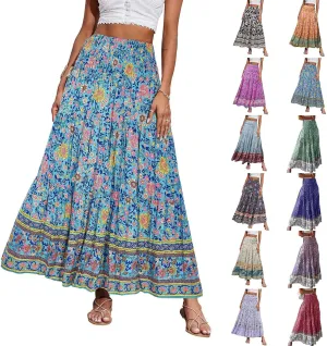 Boho Maxi Skirts for Women 2025 Floral Pleated High Waisted Long Flowy Skirt Elastic A Line Beach Vacation Summer Skirts