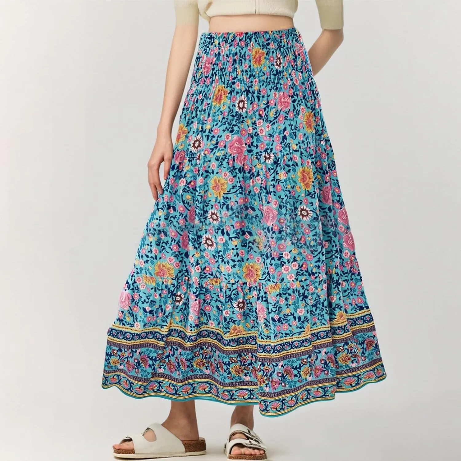 Boho Maxi Skirts for Women 2025 Floral Pleated High Waisted Long Flowy Skirt Elastic A Line Beach Vacation Summer Skirts