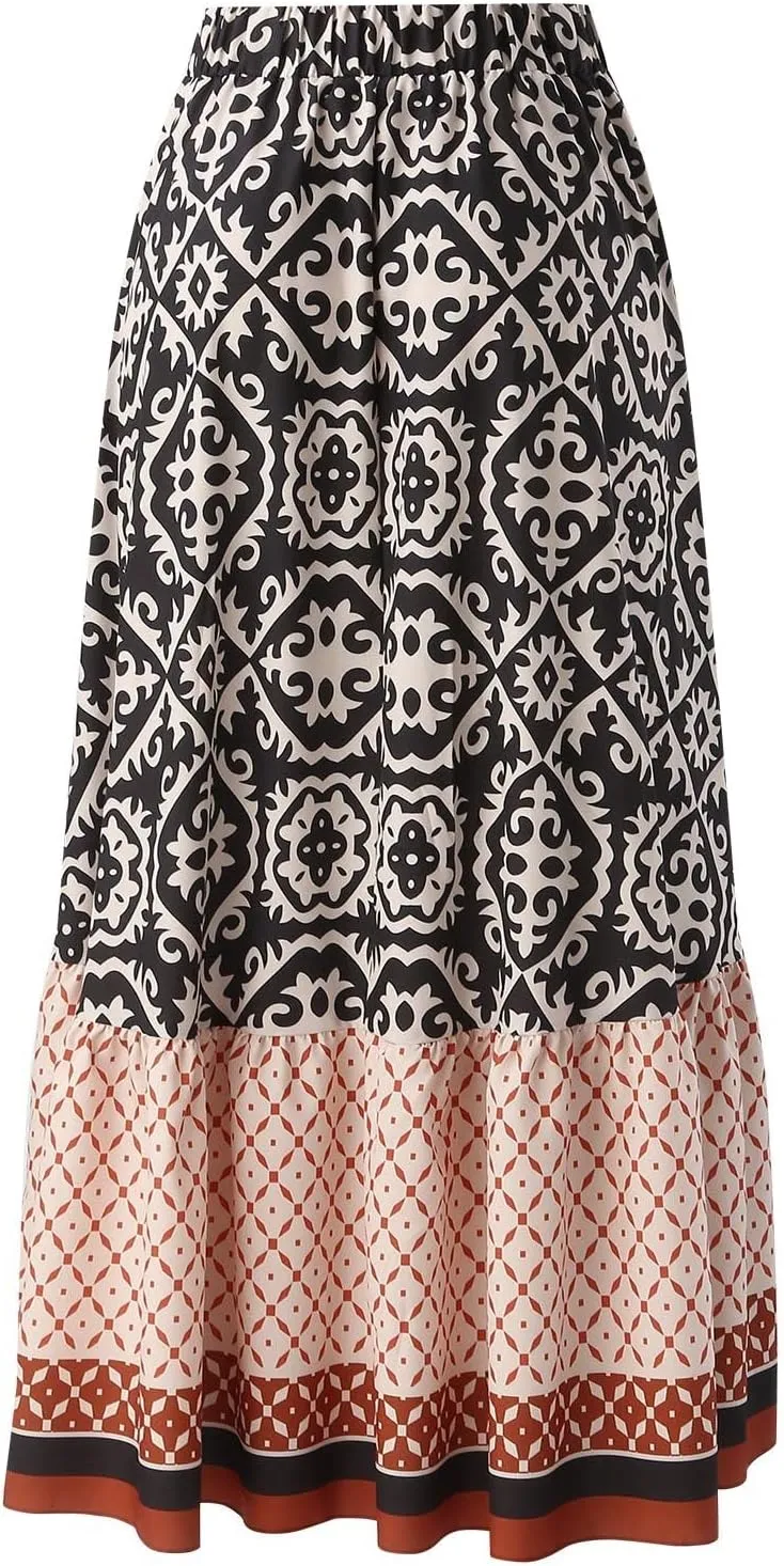 Boho Maxi Skirts Womens Summer Lightweight Fashion High Waist Pleated Skirt Midi Swing Skirt with Pockets A Line