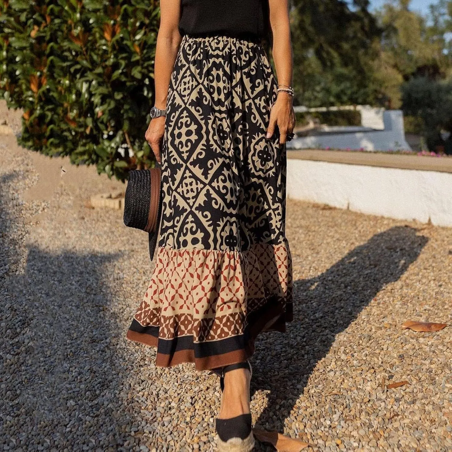 Boho Maxi Skirts Womens Summer Lightweight Fashion High Waist Pleated Skirt Midi Swing Skirt with Pockets A Line