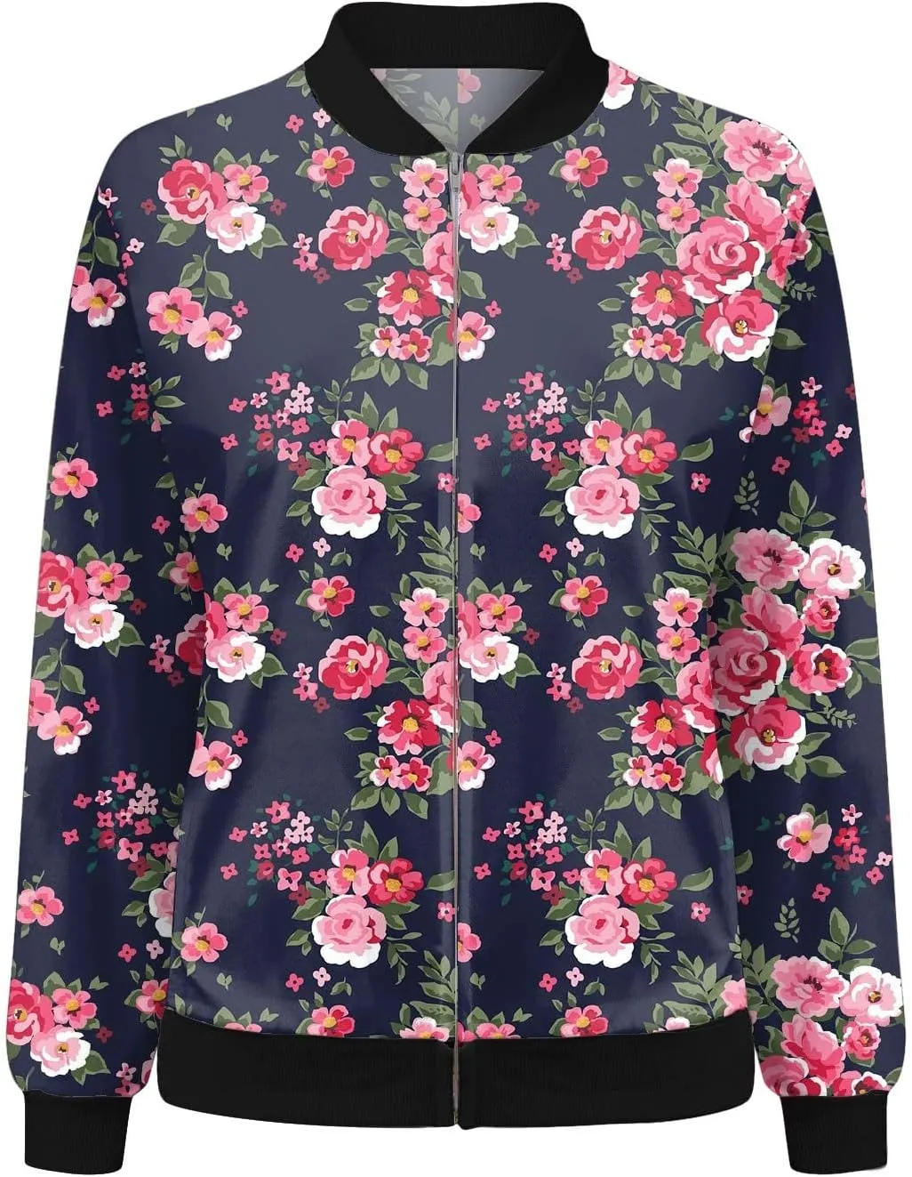 Bomber Jacket Women 2025 Floral Zip Up Zipper Sports Jackets Coats Stand Collar Causal Long Sleeve Lightweight Outerwear Tops