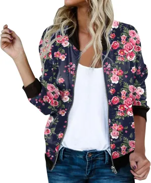 Bomber Jacket Women 2025 Floral Zip Up Zipper Sports Jackets Coats Stand Collar Causal Long Sleeve Lightweight Outerwear Tops