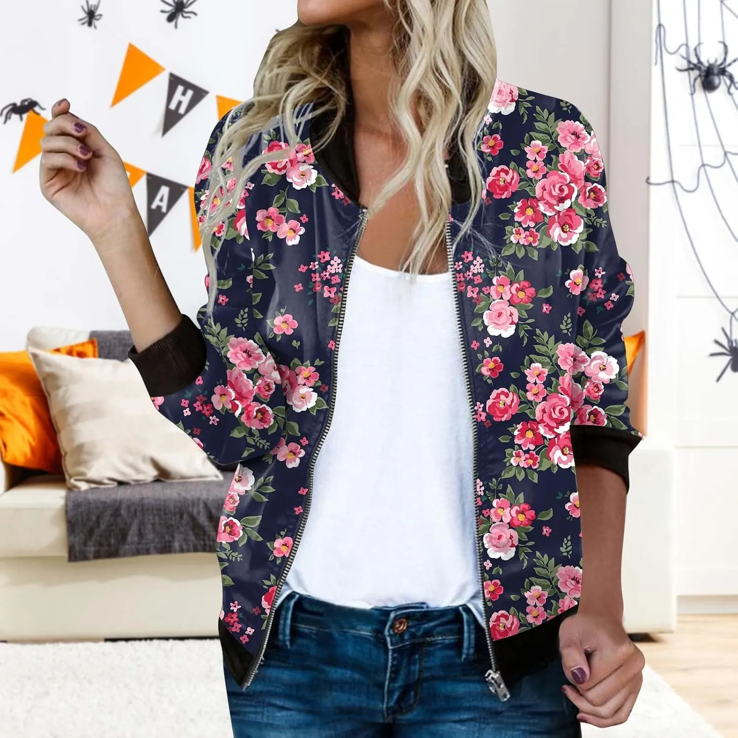 Bomber Jacket Women 2025 Floral Zip Up Zipper Sports Jackets Coats Stand Collar Causal Long Sleeve Lightweight Outerwear Tops