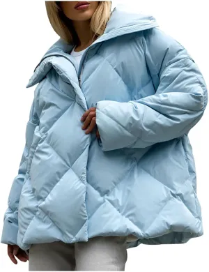 Borniu Women's 2024 Winter Long Sleeve Zip Puffer Jacket Pockets Baggy Short Down Coats Warm Quilted Jackets Outerwear