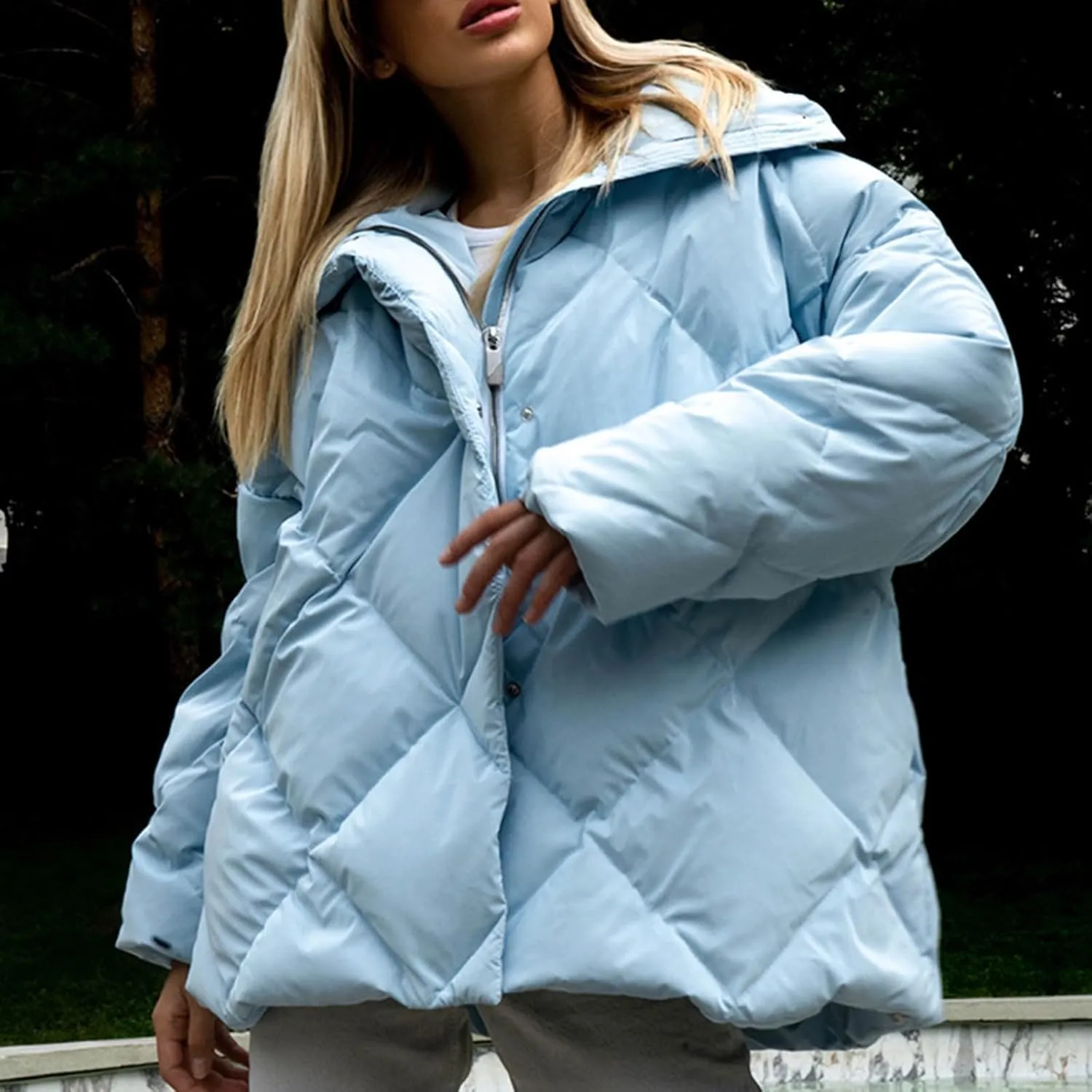 Borniu Women's 2024 Winter Long Sleeve Zip Puffer Jacket Pockets Baggy Short Down Coats Warm Quilted Jackets Outerwear