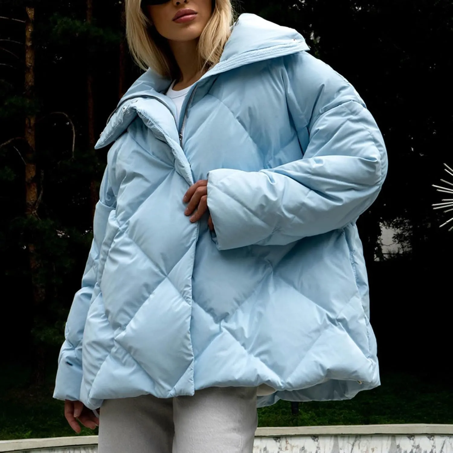 Borniu Women's 2024 Winter Long Sleeve Zip Puffer Jacket Pockets Baggy Short Down Coats Warm Quilted Jackets Outerwear