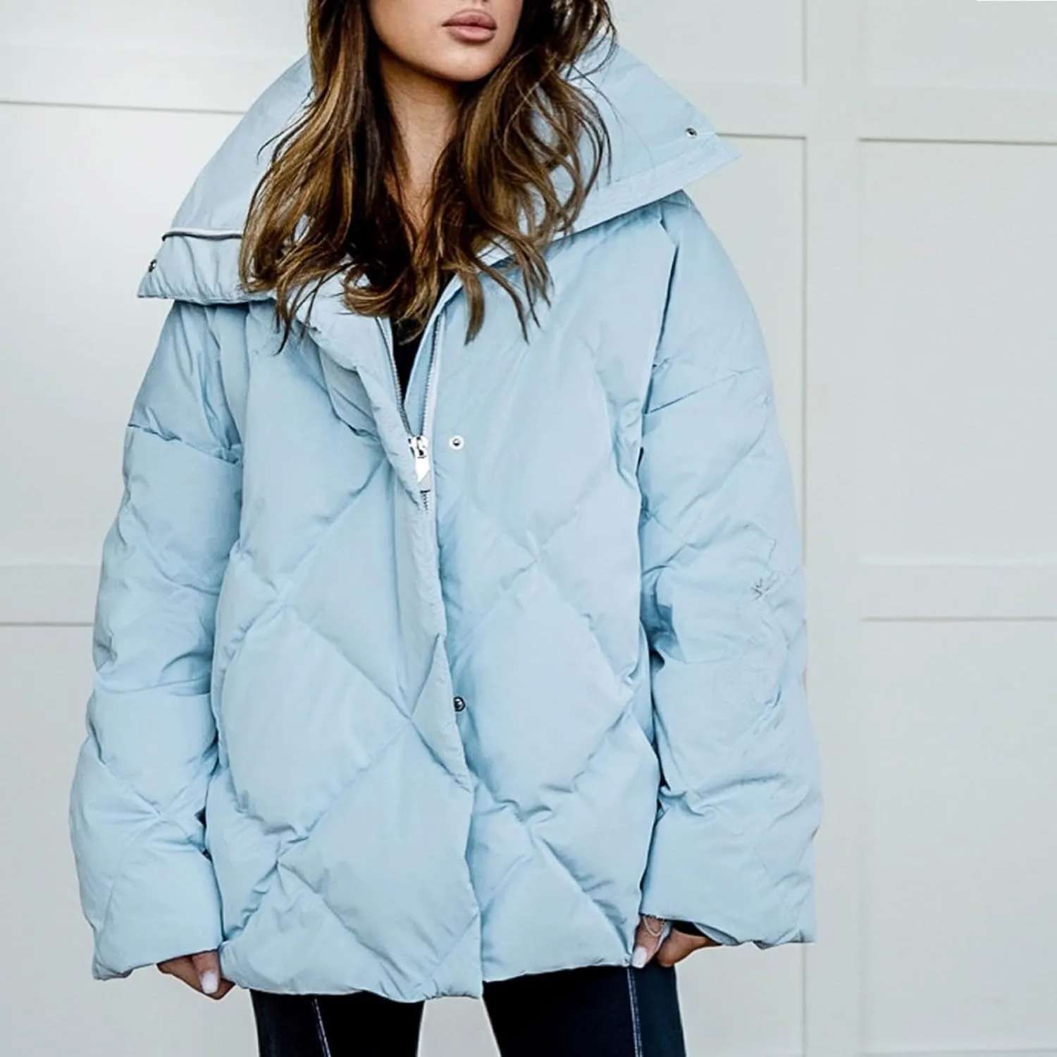 Borniu Women's 2024 Winter Long Sleeve Zip Puffer Jacket Pockets Baggy Short Down Coats Warm Quilted Jackets Outerwear
