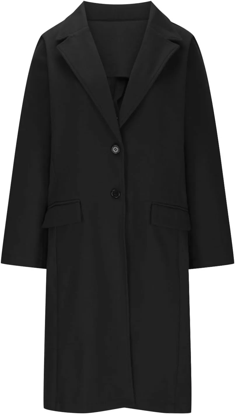 Borniu Womens Notched Lapel Collar Single Breasted Pea Coat Winter Wool Blend Over Coats Long Jackets Outerwear