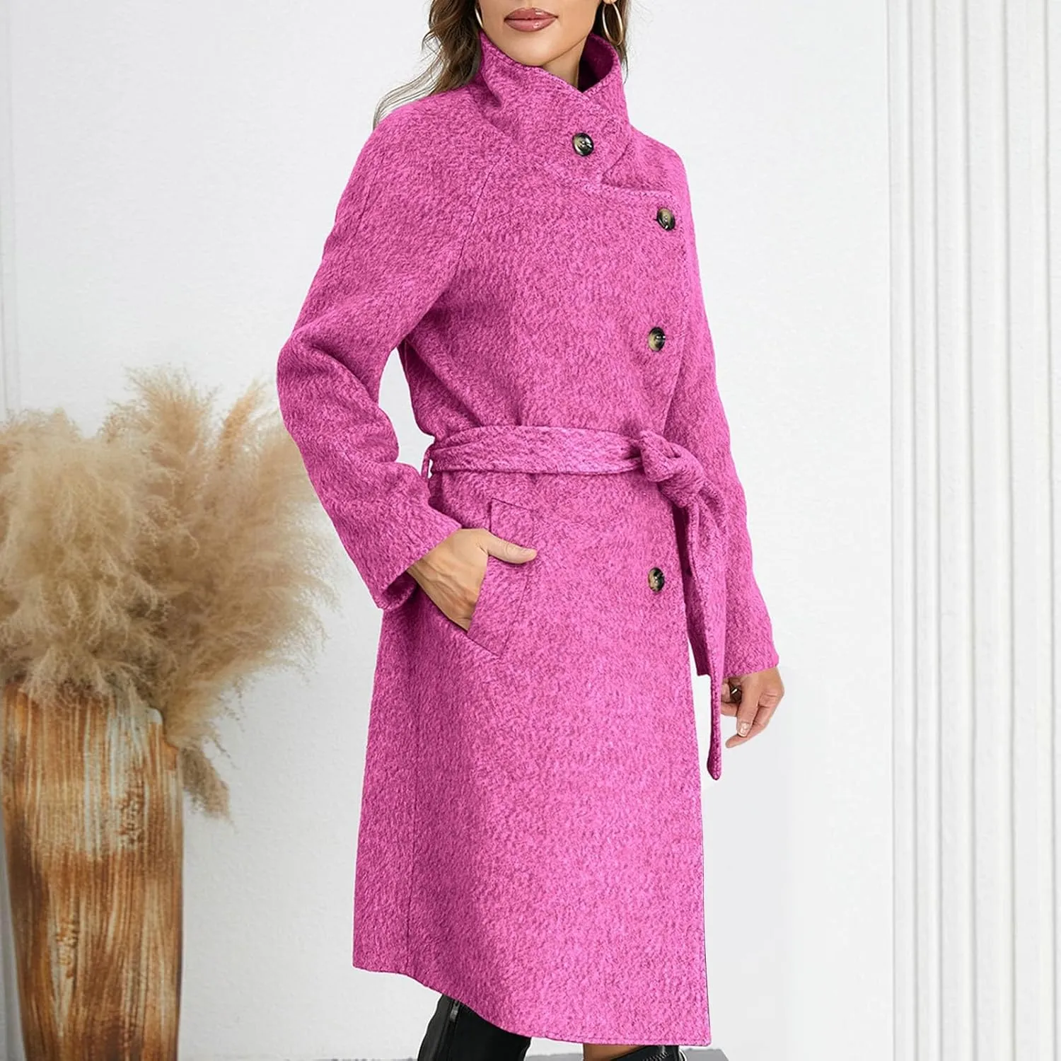 Borniu Women's Single Breasted Pea Coat Wool Blend Winter Mid-Long Trench Coat with Belt Casual Warm Overcoat