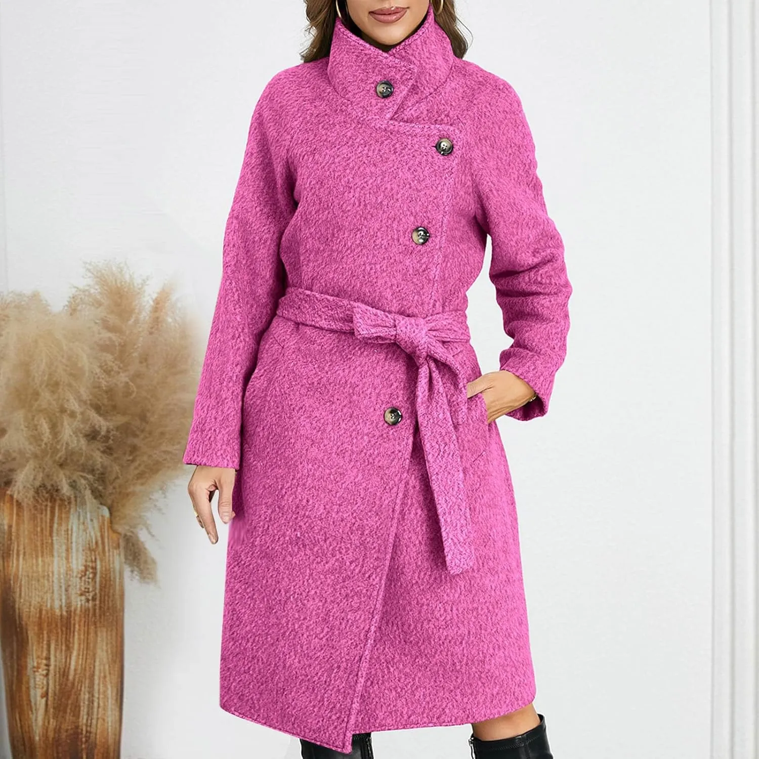 Borniu Women's Single Breasted Pea Coat Wool Blend Winter Mid-Long Trench Coat with Belt Casual Warm Overcoat