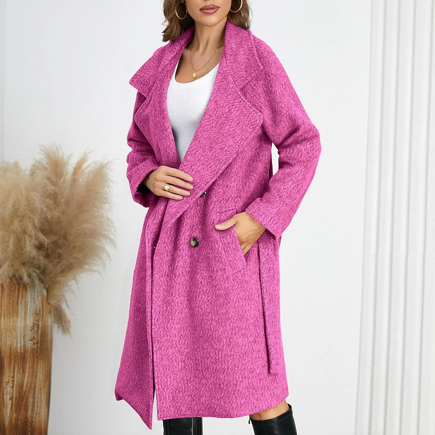 Borniu Women's Single Breasted Pea Coat Wool Blend Winter Mid-Long Trench Coat with Belt Casual Warm Overcoat