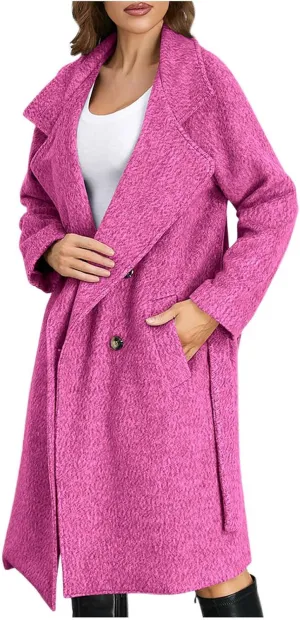 Borniu Women's Single Breasted Pea Coat Wool Blend Winter Mid-Long Trench Coat with Belt Casual Warm Overcoat