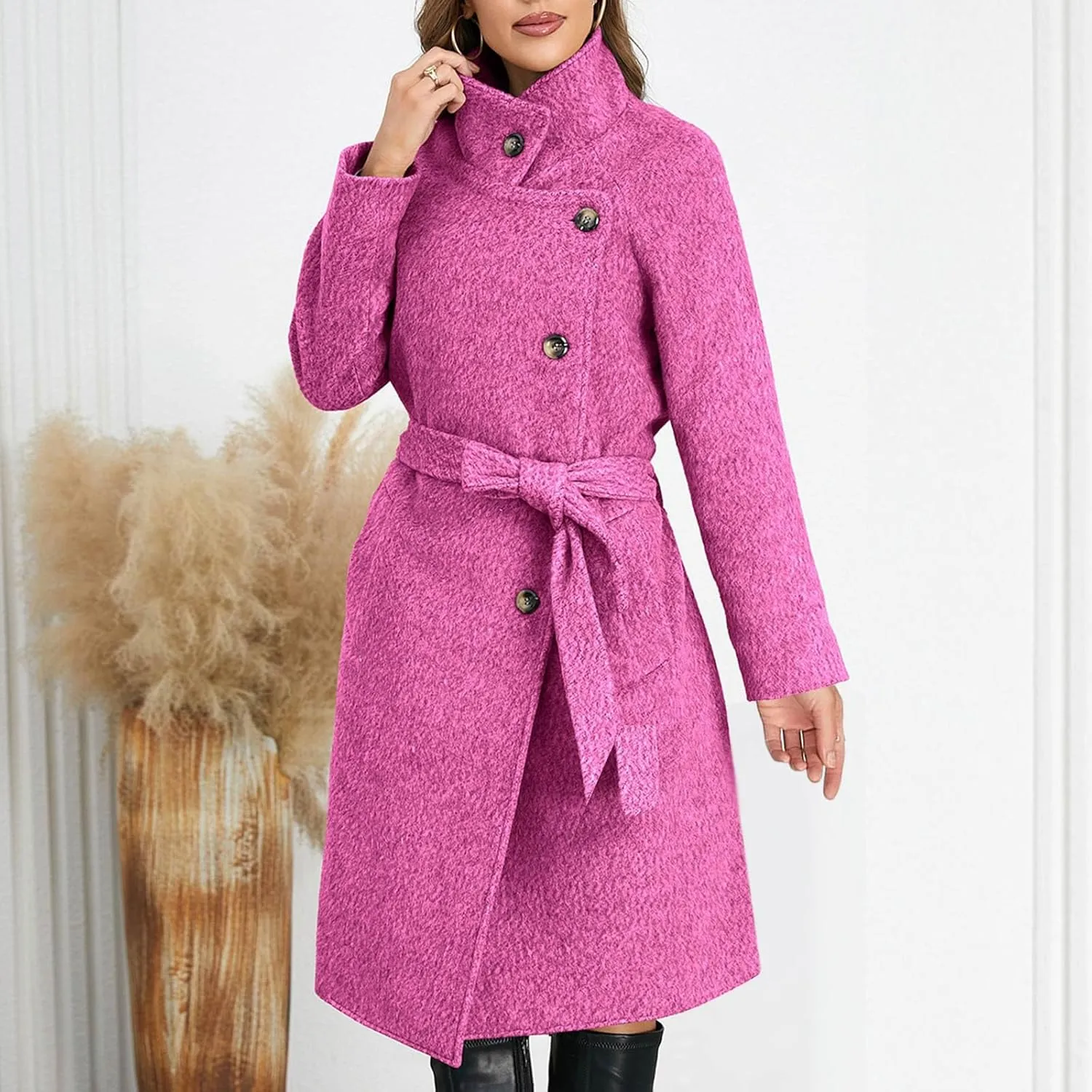 Borniu Women's Single Breasted Pea Coat Wool Blend Winter Mid-Long Trench Coat with Belt Casual Warm Overcoat