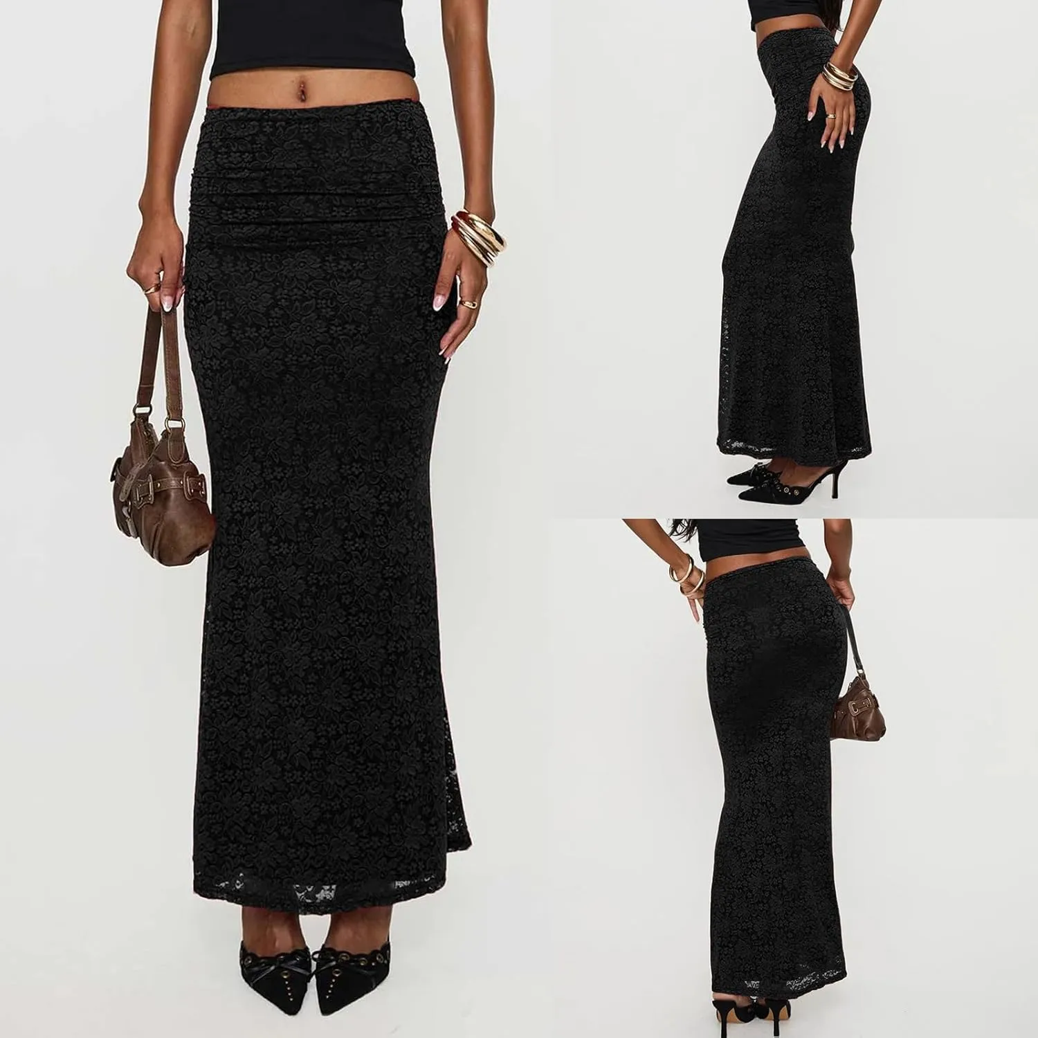 Bowanadacles Long Skirts for Woman Spring Elegant High Waist Bodycon Maxi Skirts Lace Skirts Fishtail Ruched Elastic Skirts