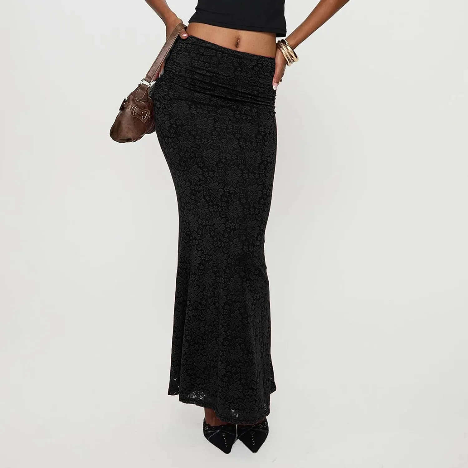 Bowanadacles Long Skirts for Woman Spring Elegant High Waist Bodycon Maxi Skirts Lace Skirts Fishtail Ruched Elastic Skirts