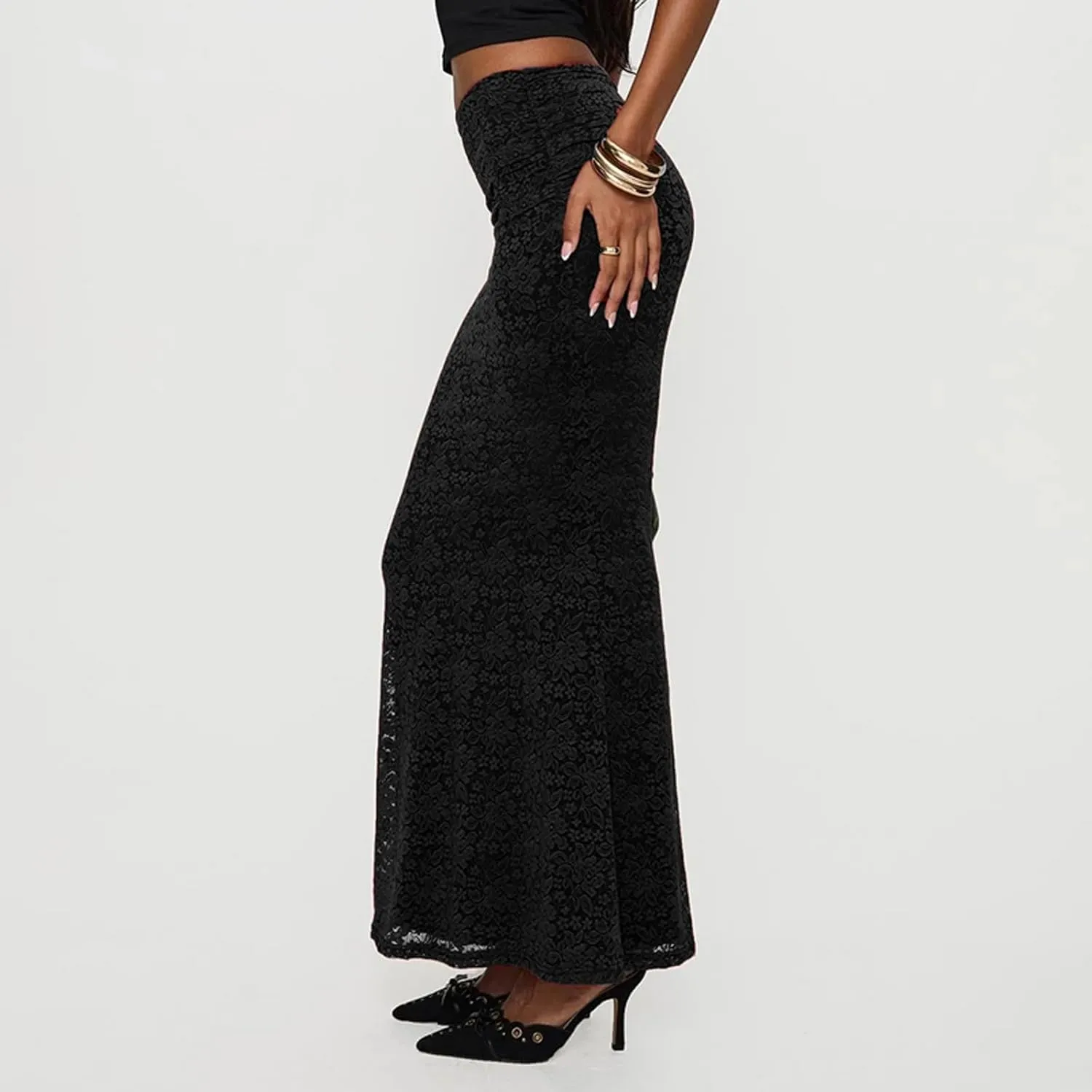 Bowanadacles Long Skirts for Woman Spring Elegant High Waist Bodycon Maxi Skirts Lace Skirts Fishtail Ruched Elastic Skirts