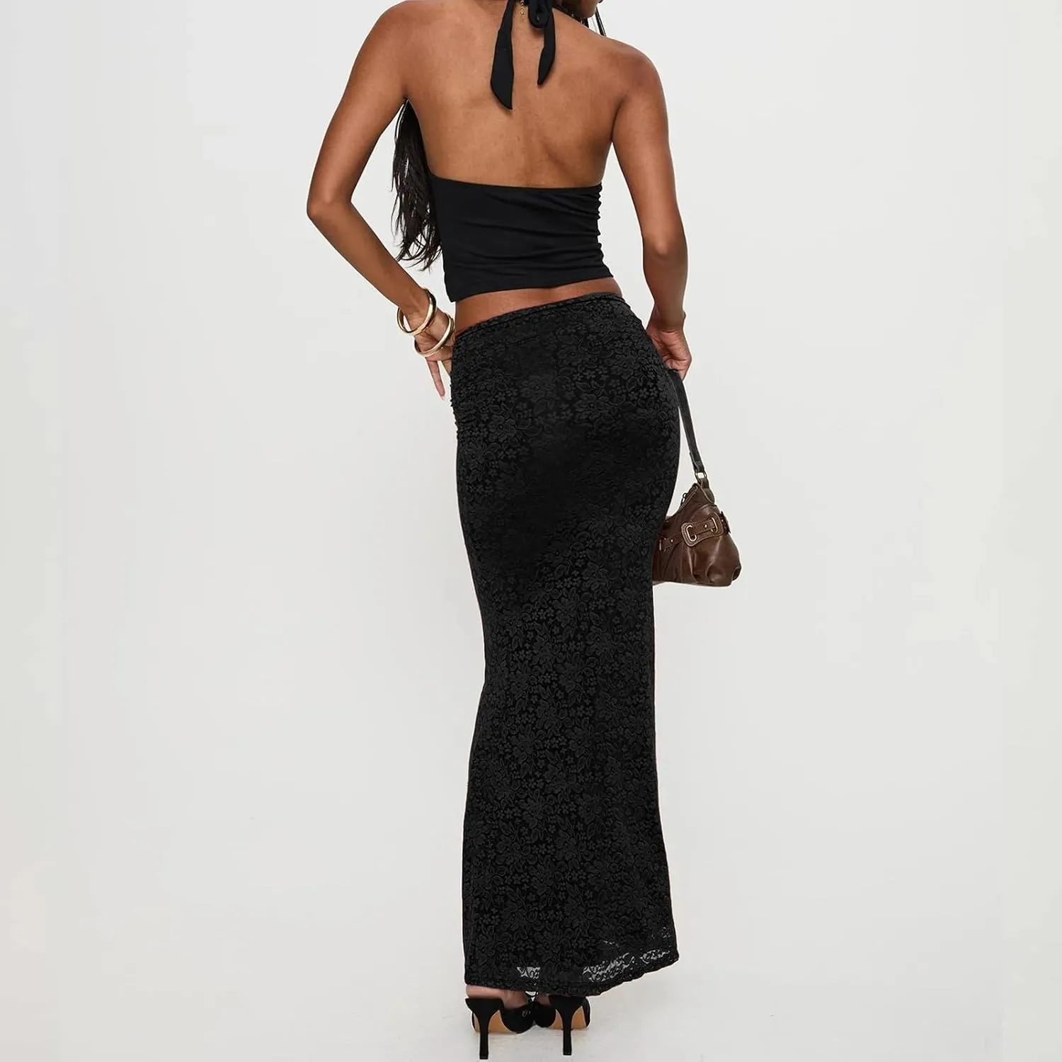 Bowanadacles Long Skirts for Woman Spring Elegant High Waist Bodycon Maxi Skirts Lace Skirts Fishtail Ruched Elastic Skirts