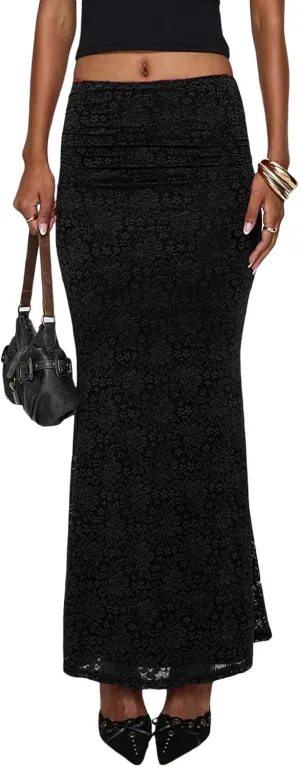 Bowanadacles Long Skirts for Woman Spring Elegant High Waist Bodycon Maxi Skirts Lace Skirts Fishtail Ruched Elastic Skirts