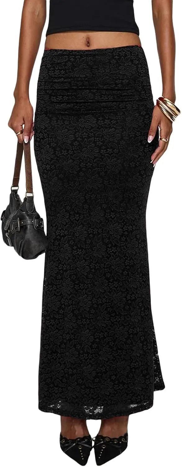 Bowanadacles Long Skirts for Woman Spring Elegant High Waist Bodycon Maxi Skirts Lace Skirts Fishtail Ruched Elastic Skirts