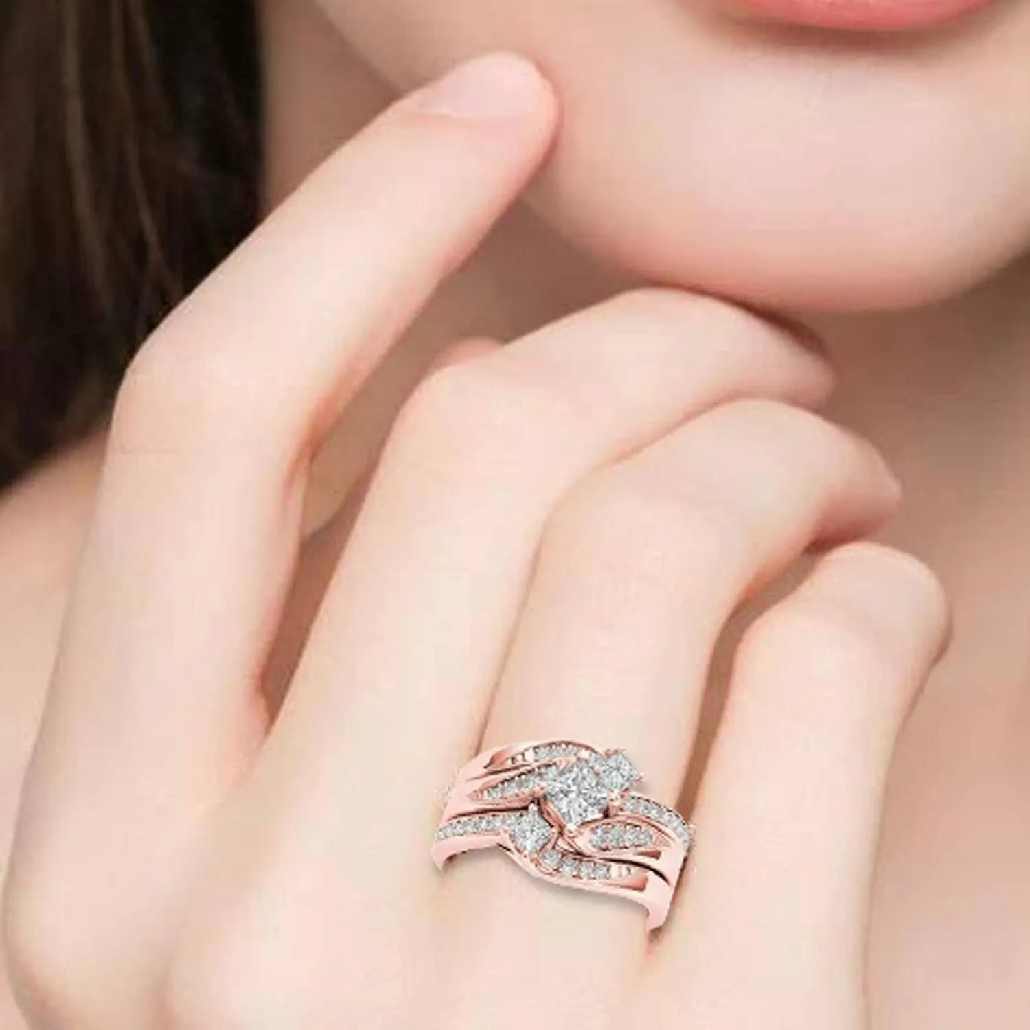 Bridal Wedding Engagement Ring Set for Women Rose Gold Over Silver Twisted Cubic Zirconia Chunky Band Jewelry