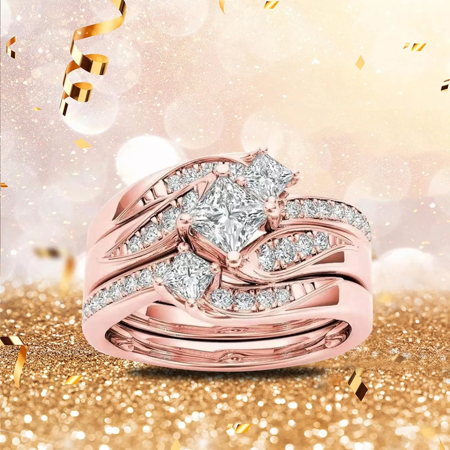 Bridal Wedding Engagement Ring Set for Women Rose Gold Over Silver Twisted Cubic Zirconia Chunky Band Jewelry