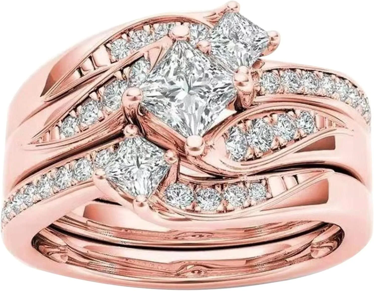 Bridal Wedding Engagement Ring Set for Women Rose Gold Over Silver Twisted Cubic Zirconia Chunky Band Jewelry