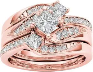 Bridal Wedding Engagement Ring Set for Women Rose Gold Over Silver Twisted Cubic Zirconia Chunky Band Jewelry