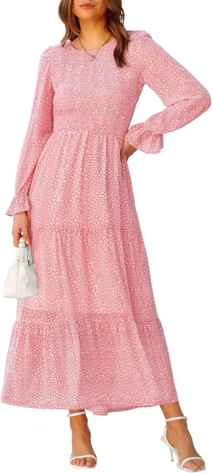 BTFBM Women Casual Long Sleeve Crew Neck Fall Dress Bohemian Relaxed Fit Floral Flowy Maxi Dresses Tiered Cocktail Dress