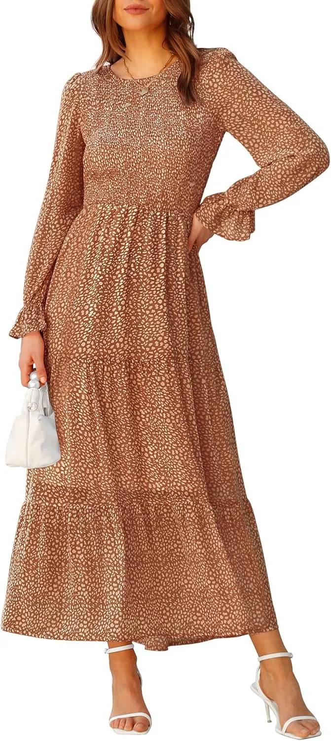 BTFBM Women Casual Long Sleeve Crew Neck Fall Dress Bohemian Relaxed Fit Floral Flowy Maxi Dresses Tiered Cocktail Dress