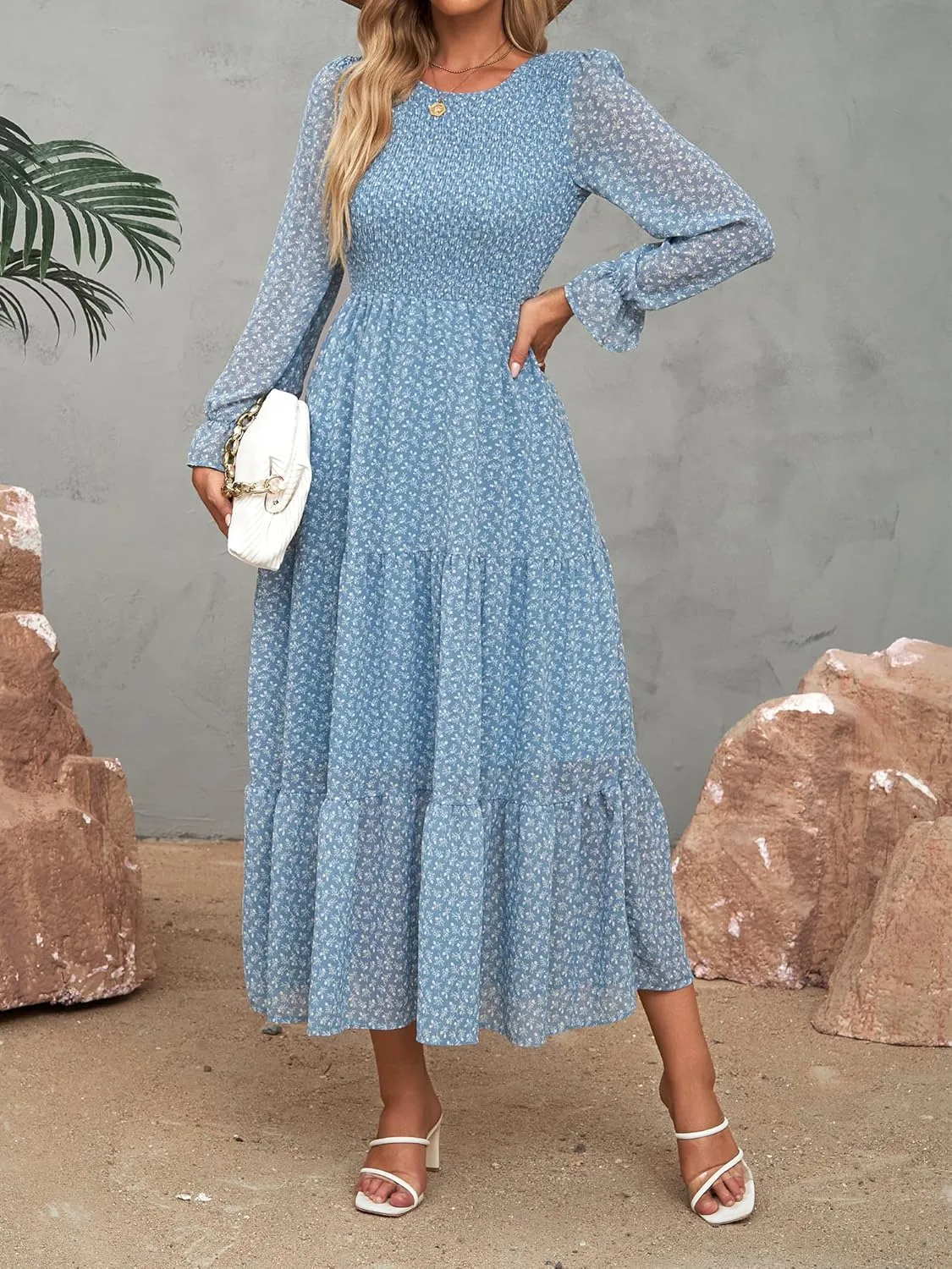 BTFBM Women Casual Long Sleeve Crew Neck Fall Dress Bohemian Relaxed Fit Floral Flowy Maxi Dresses Tiered Cocktail Dress