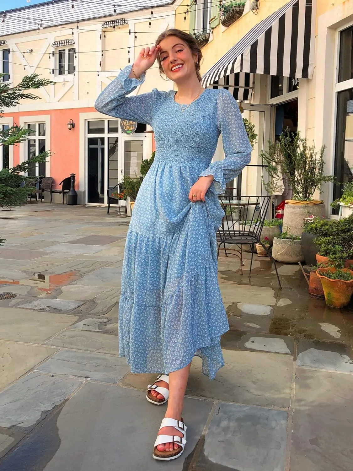 BTFBM Women Casual Long Sleeve Crew Neck Fall Dress Bohemian Relaxed Fit Floral Flowy Maxi Dresses Tiered Cocktail Dress