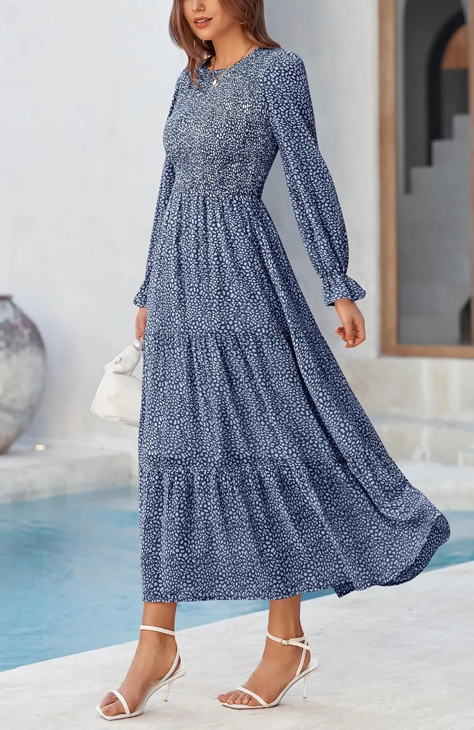 BTFBM Women Casual Long Sleeve Crew Neck Fall Dress Bohemian Relaxed Fit Floral Flowy Maxi Dresses Tiered Cocktail Dress