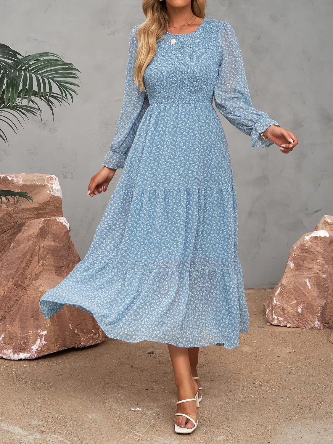 BTFBM Women Casual Long Sleeve Crew Neck Fall Dress Bohemian Relaxed Fit Floral Flowy Maxi Dresses Tiered Cocktail Dress