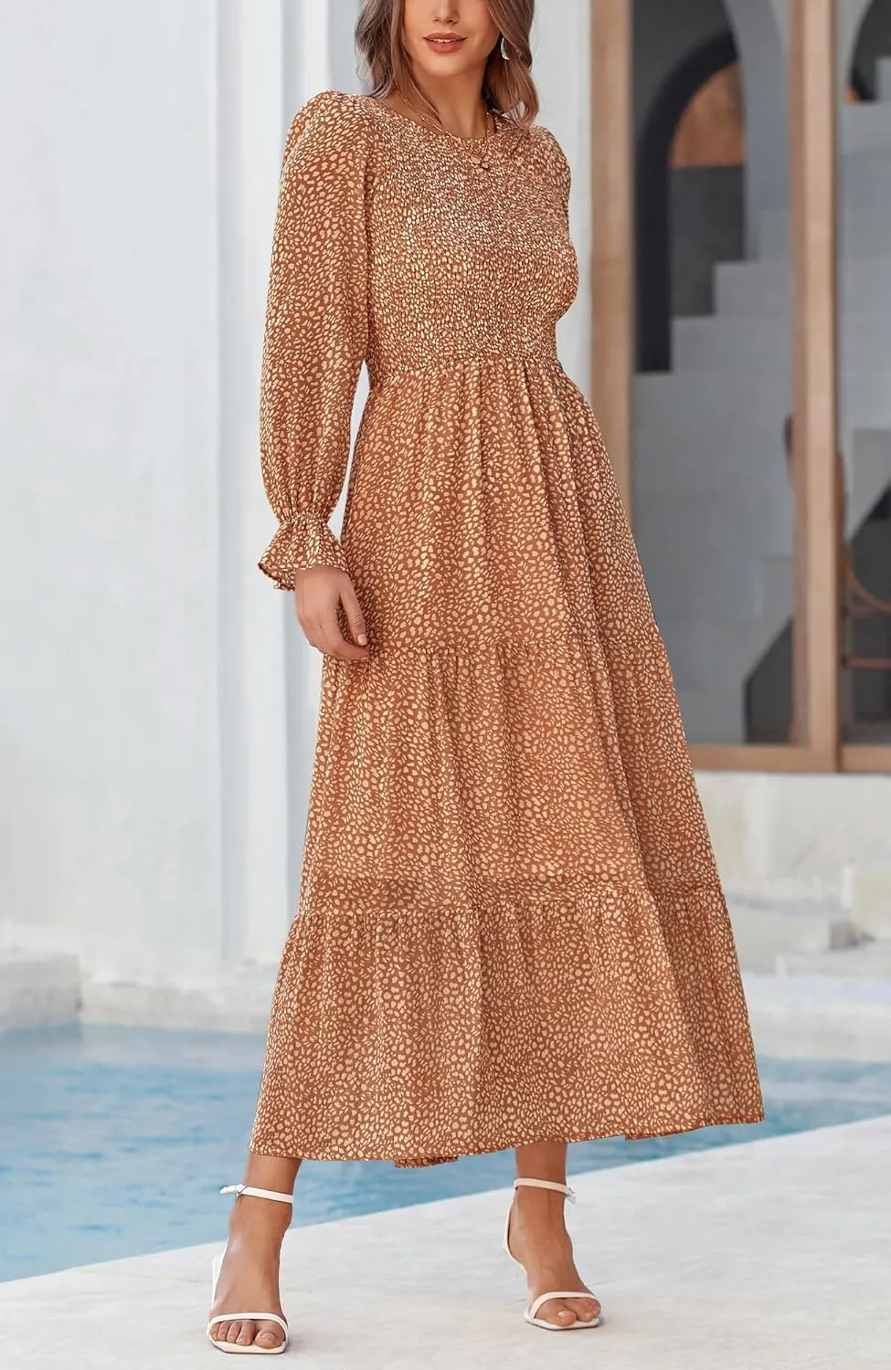 BTFBM Women Casual Long Sleeve Crew Neck Fall Dress Bohemian Relaxed Fit Floral Flowy Maxi Dresses Tiered Cocktail Dress