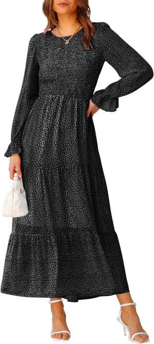 BTFBM Women Casual Long Sleeve Crew Neck Fall Dress Bohemian Relaxed Fit Floral Flowy Maxi Dresses Tiered Cocktail Dress