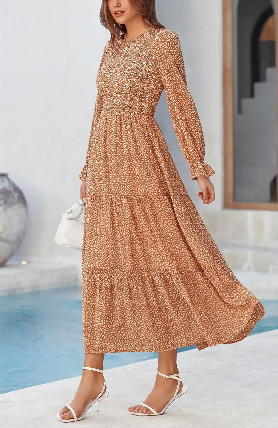 BTFBM Women Casual Long Sleeve Crew Neck Fall Dress Bohemian Relaxed Fit Floral Flowy Maxi Dresses Tiered Cocktail Dress