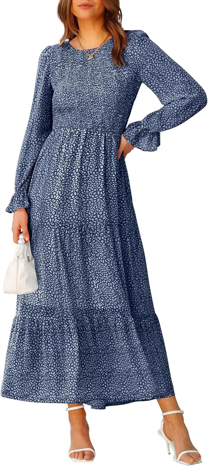 BTFBM Women Casual Long Sleeve Crew Neck Fall Dress Bohemian Relaxed Fit Floral Flowy Maxi Dresses Tiered Cocktail Dress