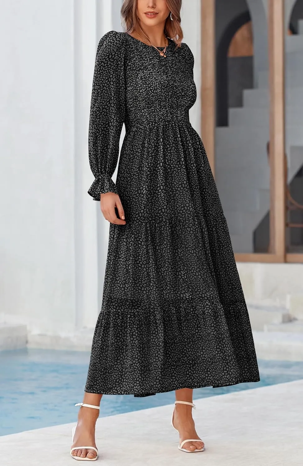 BTFBM Women Casual Long Sleeve Crew Neck Fall Dress Bohemian Relaxed Fit Floral Flowy Maxi Dresses Tiered Cocktail Dress