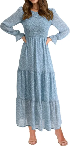 BTFBM Women Casual Long Sleeve Crew Neck Fall Dress Bohemian Relaxed Fit Floral Flowy Maxi Dresses Tiered Cocktail Dress