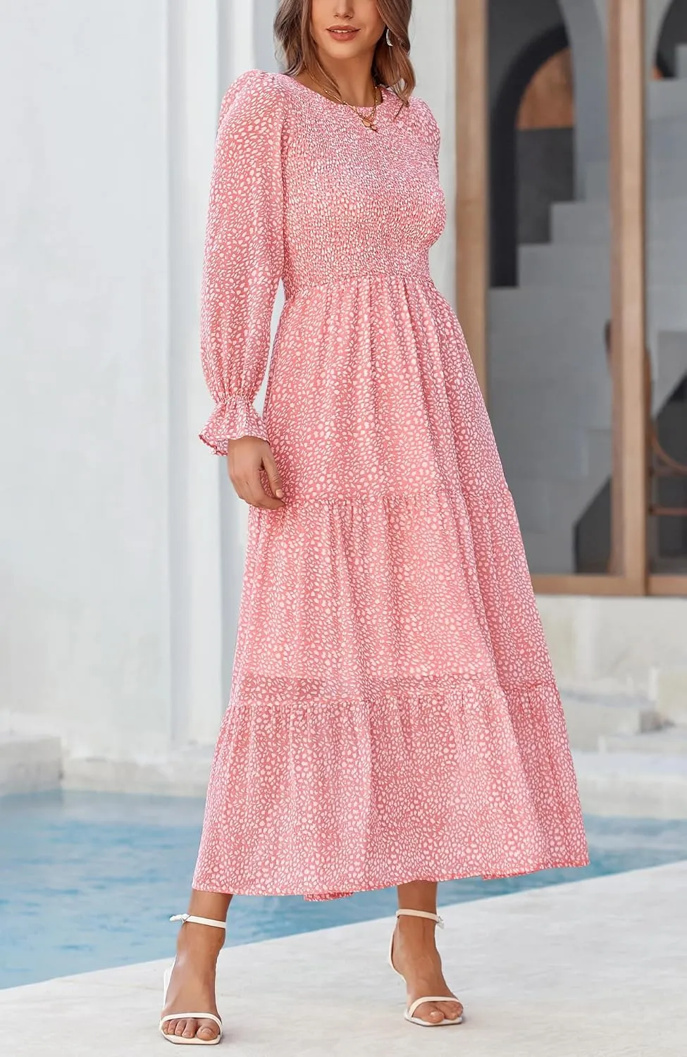 BTFBM Women Casual Long Sleeve Crew Neck Fall Dress Bohemian Relaxed Fit Floral Flowy Maxi Dresses Tiered Cocktail Dress