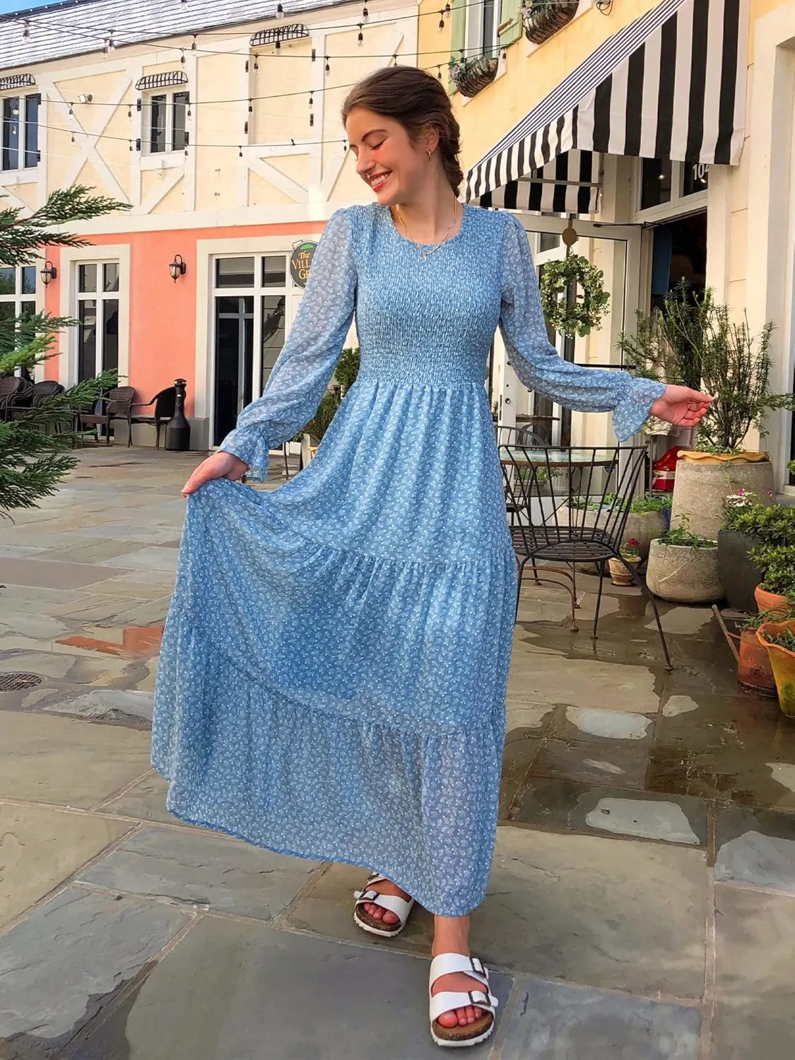 BTFBM Women Casual Long Sleeve Crew Neck Fall Dress Bohemian Relaxed Fit Floral Flowy Maxi Dresses Tiered Cocktail Dress