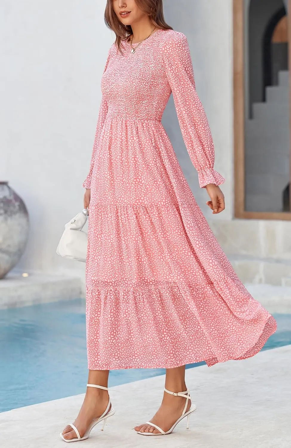 BTFBM Women Casual Long Sleeve Crew Neck Fall Dress Bohemian Relaxed Fit Floral Flowy Maxi Dresses Tiered Cocktail Dress