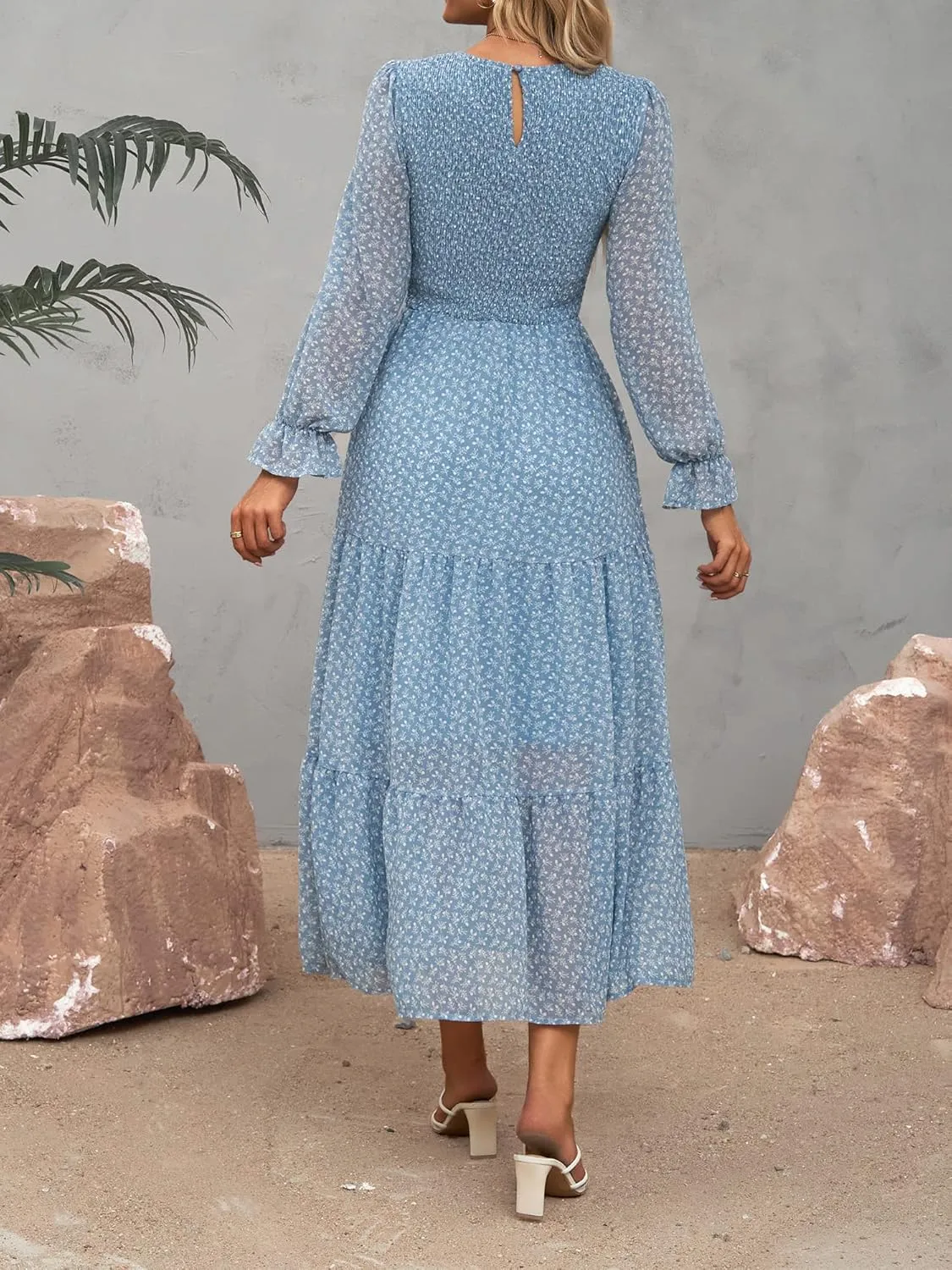 BTFBM Women Casual Long Sleeve Crew Neck Fall Dress Bohemian Relaxed Fit Floral Flowy Maxi Dresses Tiered Cocktail Dress