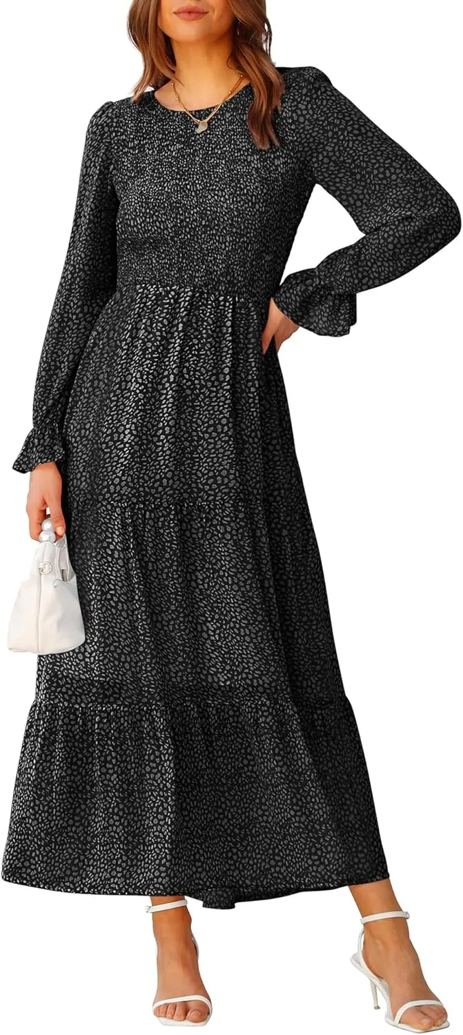 BTFBM Women Casual Long Sleeve Crew Neck Fall Dress Bohemian Relaxed Fit Floral Flowy Maxi Dresses Tiered Cocktail Dress